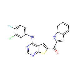 O=C(c1cc2ccccc2[nH]1)c1cc2c(Nc3ccc(F)c(Cl)c3)ncnc2s1 ZINC000082155407