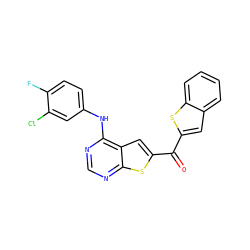 O=C(c1cc2ccccc2s1)c1cc2c(Nc3ccc(F)c(Cl)c3)ncnc2s1 ZINC000073199199