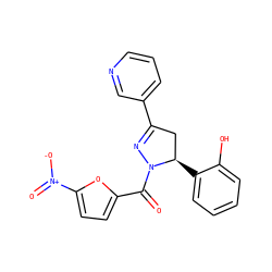 O=C(c1ccc([N+](=O)[O-])o1)N1N=C(c2cccnc2)C[C@H]1c1ccccc1O ZINC000071294534