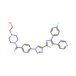 O=C(c1ccc(-n2cc(-c3nc(-c4ccc(F)cc4)c(-c4ccncc4)o3)nn2)cc1)N1CCN(CCO)CC1 ZINC000103258509