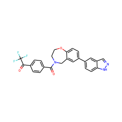 O=C(c1ccc(C(=O)C(F)(F)F)cc1)N1CCOc2ccc(-c3ccc4[nH]ncc4c3)cc2C1 ZINC000095590576