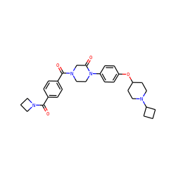 O=C(c1ccc(C(=O)N2CCN(c3ccc(OC4CCN(C5CCC5)CC4)cc3)C(=O)C2)cc1)N1CCC1 ZINC000028870380