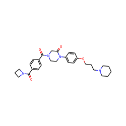 O=C(c1ccc(C(=O)N2CCN(c3ccc(OCCCN4CCCCC4)cc3)C(=O)C2)cc1)N1CCC1 ZINC000028870237
