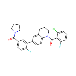 O=C(c1ccc(F)c(-c2ccc3c(c2)CCCN3C(=O)c2c(F)cccc2Cl)c1)N1CCCC1 ZINC000221932021