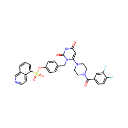 O=C(c1ccc(F)c(F)c1)N1CCN(c2cc(=O)[nH]c(=O)n2Cc2ccc(OS(=O)(=O)c3cccc4cnccc34)cc2)CC1 ZINC000205366901