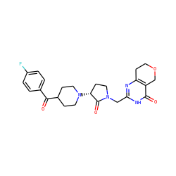 O=C(c1ccc(F)cc1)C1CCN([C@@H]2CCN(Cc3nc4c(c(=O)[nH]3)COCC4)C2=O)CC1 ZINC000207771465