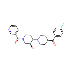 O=C(c1ccc(F)cc1)C1CCN([C@H]2CCN(C(=O)c3cccnc3)C[C@@H]2O)CC1 ZINC000072182741