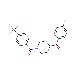O=C(c1ccc(F)cc1)C1CCN(C(=O)c2ccc(C(F)(F)F)cc2)CC1 ZINC000049802806