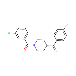 O=C(c1ccc(F)cc1)C1CCN(C(=O)c2cccc(Cl)c2)CC1 ZINC000049700653