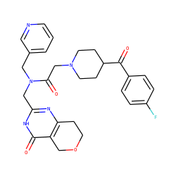 O=C(c1ccc(F)cc1)C1CCN(CC(=O)N(Cc2cccnc2)Cc2nc3c(c(=O)[nH]2)COCC3)CC1 ZINC000208819568