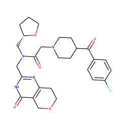 O=C(c1ccc(F)cc1)C1CCN(CC(=O)N(Cc2nc3c(c(=O)[nH]2)COCC3)C[C@@H]2CCCO2)CC1 ZINC000208778883