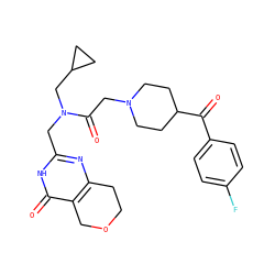 O=C(c1ccc(F)cc1)C1CCN(CC(=O)N(Cc2nc3c(c(=O)[nH]2)COCC3)CC2CC2)CC1 ZINC000096283563