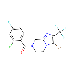 O=C(c1ccc(F)cc1Cl)N1CCn2c(nc(C(F)(F)F)c2Br)C1 ZINC000095565108