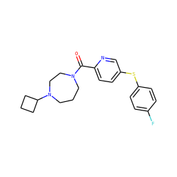 O=C(c1ccc(Sc2ccc(F)cc2)cn1)N1CCCN(C2CCC2)CC1 ZINC000053247033