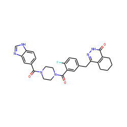 O=C(c1ccc2[nH]cnc2c1)N1CCN(C(=O)c2cc(Cc3n[nH]c(=O)c4c3CCCC4)ccc2F)CC1 ZINC000148098706