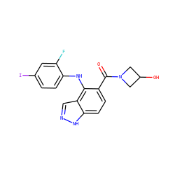 O=C(c1ccc2[nH]ncc2c1Nc1ccc(I)cc1F)N1CC(O)C1 ZINC000084742610