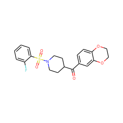 O=C(c1ccc2c(c1)OCCO2)C1CCN(S(=O)(=O)c2ccccc2F)CC1 ZINC000001337011