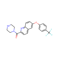 O=C(c1ccc2cc(Oc3ccc(C(F)(F)F)cc3)ccc2n1)N1CCNCC1 ZINC000584606111