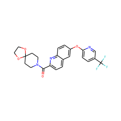 O=C(c1ccc2cc(Oc3ccc(C(F)(F)F)cn3)ccc2n1)N1CCC2(CC1)OCCO2 ZINC001772602129