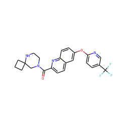 O=C(c1ccc2cc(Oc3ccc(C(F)(F)F)cn3)ccc2n1)N1CCNC2(CCC2)C1 ZINC001772575034