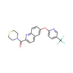 O=C(c1ccc2cc(Oc3ccc(C(F)(F)F)cn3)ccc2n1)N1CCSCC1 ZINC001772639256