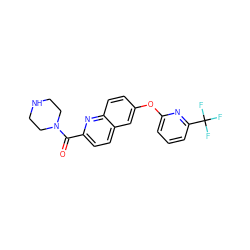 O=C(c1ccc2cc(Oc3cccc(C(F)(F)F)n3)ccc2n1)N1CCNCC1 ZINC000584605949