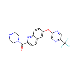 O=C(c1ccc2cc(Oc3cnc(C(F)(F)F)cn3)ccc2n1)N1CCNCC1 ZINC000584606004