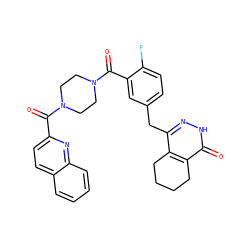 O=C(c1ccc2ccccc2n1)N1CCN(C(=O)c2cc(Cc3n[nH]c(=O)c4c3CCCC4)ccc2F)CC1 ZINC000148543146