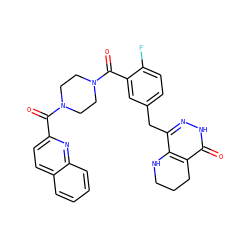 O=C(c1ccc2ccccc2n1)N1CCN(C(=O)c2cc(Cc3n[nH]c(=O)c4c3NCCC4)ccc2F)CC1 ZINC000147988527