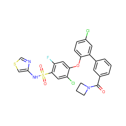 O=C(c1cccc(-c2cc(Cl)ccc2Oc2cc(F)c(S(=O)(=O)Nc3cscn3)cc2Cl)c1)N1CCC1 ZINC000095583585