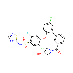 O=C(c1cccc(-c2cc(Cl)ccc2Oc2cc(F)c(S(=O)(=O)Nc3ncns3)cc2Cl)c1)N1CC(O)C1 ZINC000095584113
