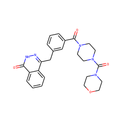 O=C(c1cccc(Cc2n[nH]c(=O)c3ccccc23)c1)N1CCN(C(=O)N2CCOCC2)CC1 ZINC000040951972