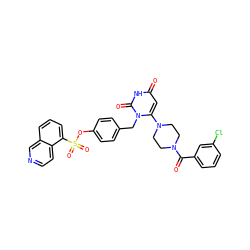 O=C(c1cccc(Cl)c1)N1CCN(c2cc(=O)[nH]c(=O)n2Cc2ccc(OS(=O)(=O)c3cccc4cnccc34)cc2)CC1 ZINC000205366069