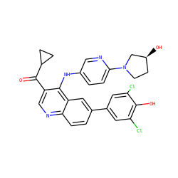 O=C(c1cnc2ccc(-c3cc(Cl)c(O)c(Cl)c3)cc2c1Nc1ccc(N2CC[C@H](O)C2)nc1)C1CC1 ZINC000203987558