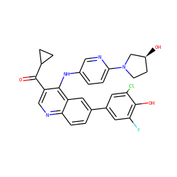 O=C(c1cnc2ccc(-c3cc(F)c(O)c(Cl)c3)cc2c1Nc1ccc(N2CC[C@H](O)C2)nc1)C1CC1 ZINC000203988437