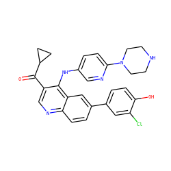 O=C(c1cnc2ccc(-c3ccc(O)c(Cl)c3)cc2c1Nc1ccc(N2CCNCC2)nc1)C1CC1 ZINC000219859789