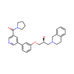 O=C(c1cncc(-c2cccc(OC[C@@H](O)CN3CCc4ccccc4C3)c2)c1)N1CCCC1 ZINC000220891820