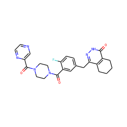 O=C(c1cnccn1)N1CCN(C(=O)c2cc(Cc3n[nH]c(=O)c4c3CCCC4)ccc2F)CC1 ZINC000147755943