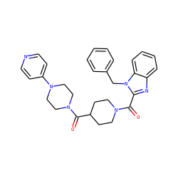O=C(c1nc2ccccc2n1Cc1ccccc1)N1CCC(C(=O)N2CCN(c3ccncc3)CC2)CC1 ZINC000040422934