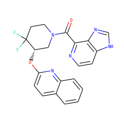 O=C(c1nccc2[nH]cnc12)N1CCC(F)(F)[C@@H](Oc2ccc3ccccc3n2)C1 ZINC000149535547