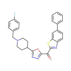 O=C(c1nnc(C2CCN(Cc3ccc(F)cc3)CC2)o1)c1nc2ccc(-c3ccccc3)cc2s1 ZINC001772653137