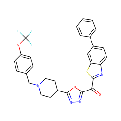 O=C(c1nnc(C2CCN(Cc3ccc(OC(F)(F)F)cc3)CC2)o1)c1nc2ccc(-c3ccccc3)cc2s1 ZINC000146942735