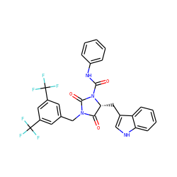 O=C1[C@@H](Cc2c[nH]c3ccccc23)N(C(=O)Nc2ccccc2)C(=O)N1Cc1cc(C(F)(F)F)cc(C(F)(F)F)c1 ZINC000028006016