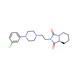 O=C1[C@@H]2CCCCN2C(=O)N1CCN1CCN(c2cccc(Cl)c2)CC1 ZINC000052584317
