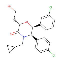 O=C1[C@H](CCO)O[C@@H](c2cccc(Cl)c2)[C@@H](c2ccc(Cl)cc2)N1CC1CC1 ZINC000095602209