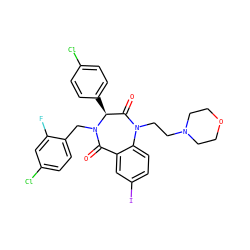O=C1[C@H](c2ccc(Cl)cc2)N(Cc2ccc(Cl)cc2F)C(=O)c2cc(I)ccc2N1CCN1CCOCC1 ZINC000038377665