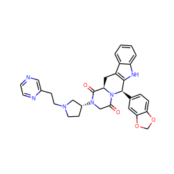 O=C1[C@H]2Cc3c([nH]c4ccccc34)[C@@H](c3ccc4c(c3)OCO4)N2C(=O)CN1[C@@H]1CCN(CCc2cnccn2)C1 ZINC000029222030