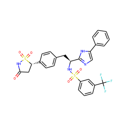 O=C1C[C@@H](c2ccc(C[C@H](NS(=O)(=O)c3cccc(C(F)(F)F)c3)c3ncc(-c4ccccc4)[nH]3)cc2)S(=O)(=O)N1 ZINC000028977758