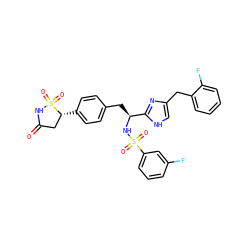 O=C1C[C@@H](c2ccc(C[C@H](NS(=O)(=O)c3cccc(F)c3)c3nc(Cc4ccccc4F)c[nH]3)cc2)S(=O)(=O)N1 ZINC000083749446