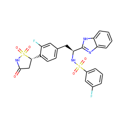 O=C1C[C@@H](c2ccc(C[C@H](NS(=O)(=O)c3cccc(F)c3)c3nc4ccccc4[nH]3)cc2F)S(=O)(=O)N1 ZINC000036088401
